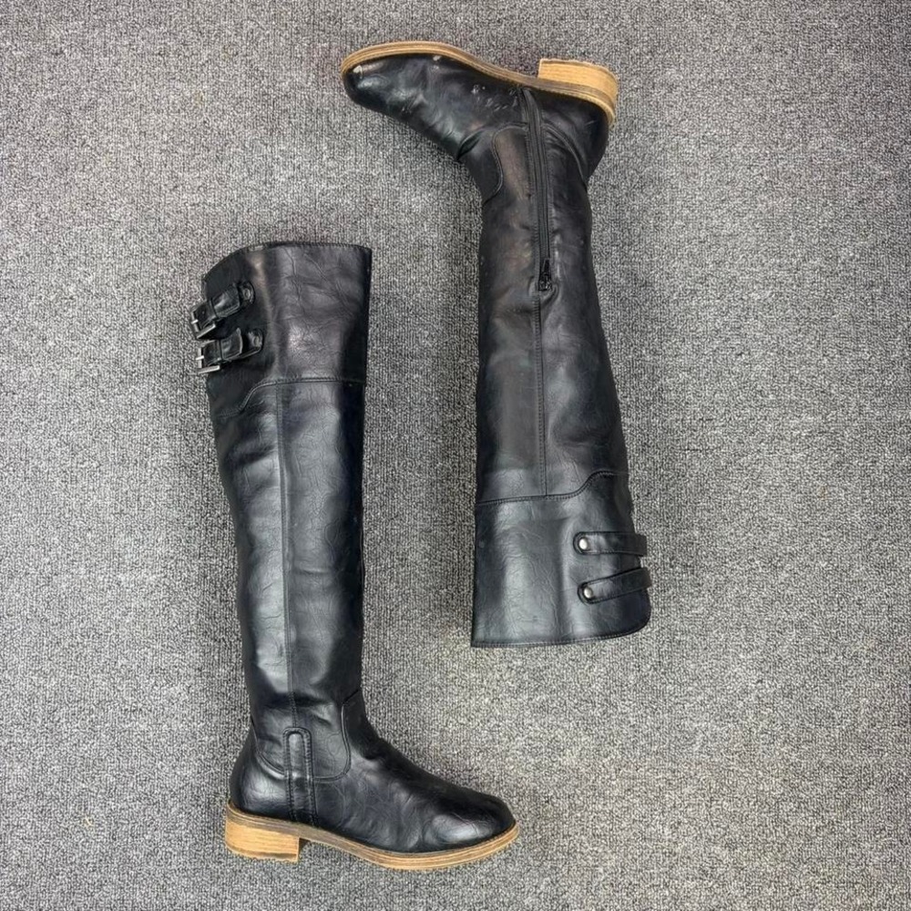 Black Knee High Side Zip Strap Harness Buckle‎ Tall Heel Boots Women's Size 7.5